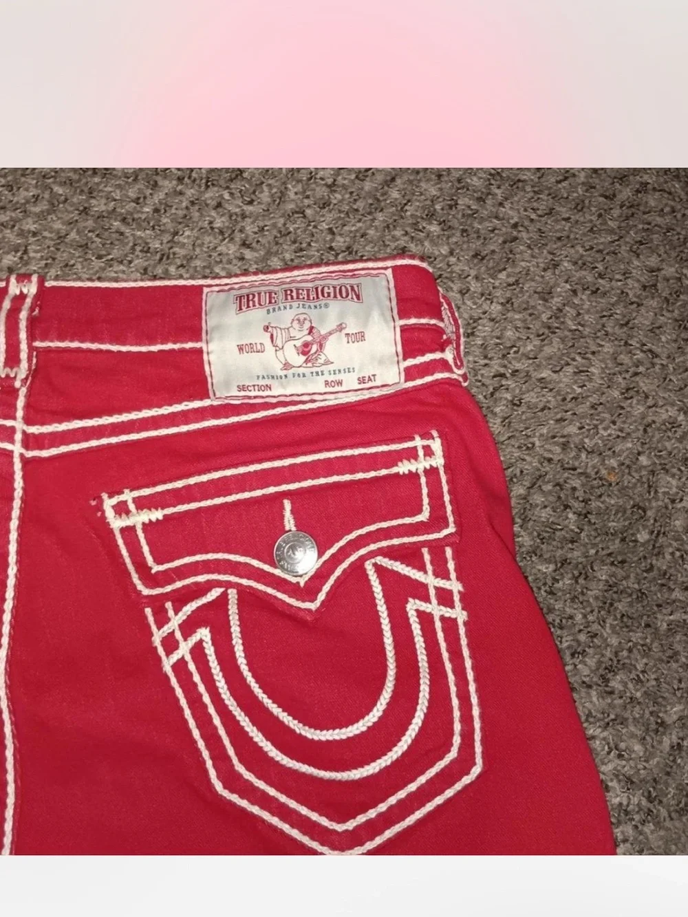 True Religion men’s Red Jeans with White Contrast Stitch